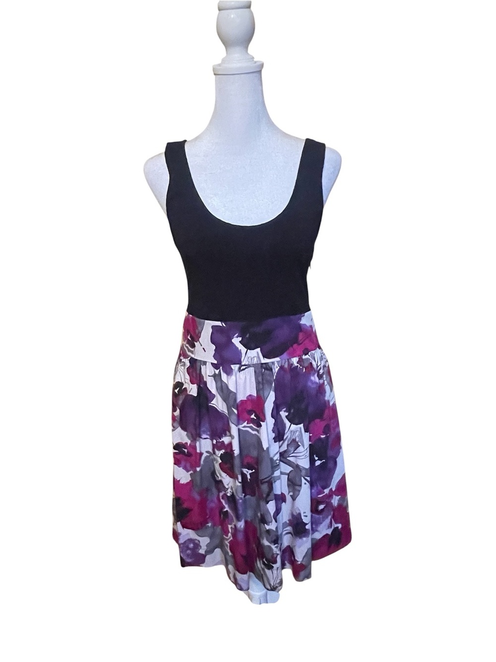 Express Black & Floral Tank Bodice Fit and Flare A-Line Skirt Dress - Sz 6